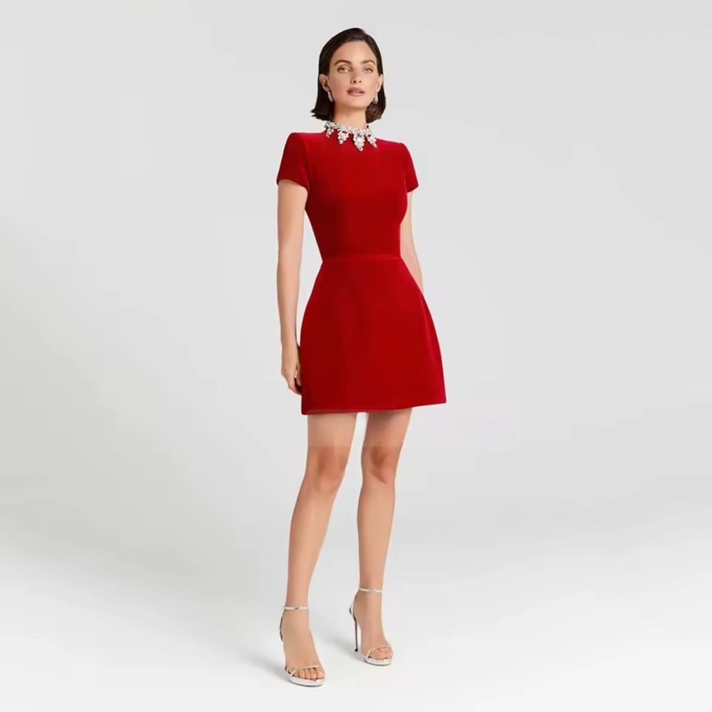Red Dress with Embellished Collar - Picture 3 of 4